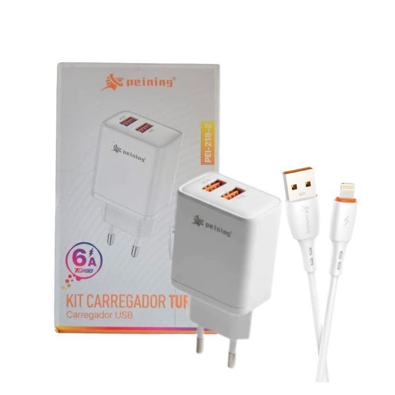 Kit Carregador Turbo USB Lightning (Iphone) Peining Pei-218-2 6A Original I Carregamento Turbo