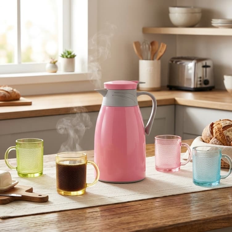 Garrafa Térmica 1L com 4 Copos Coloridos Café Chá Quente Frio Rosa Preta Vermelha