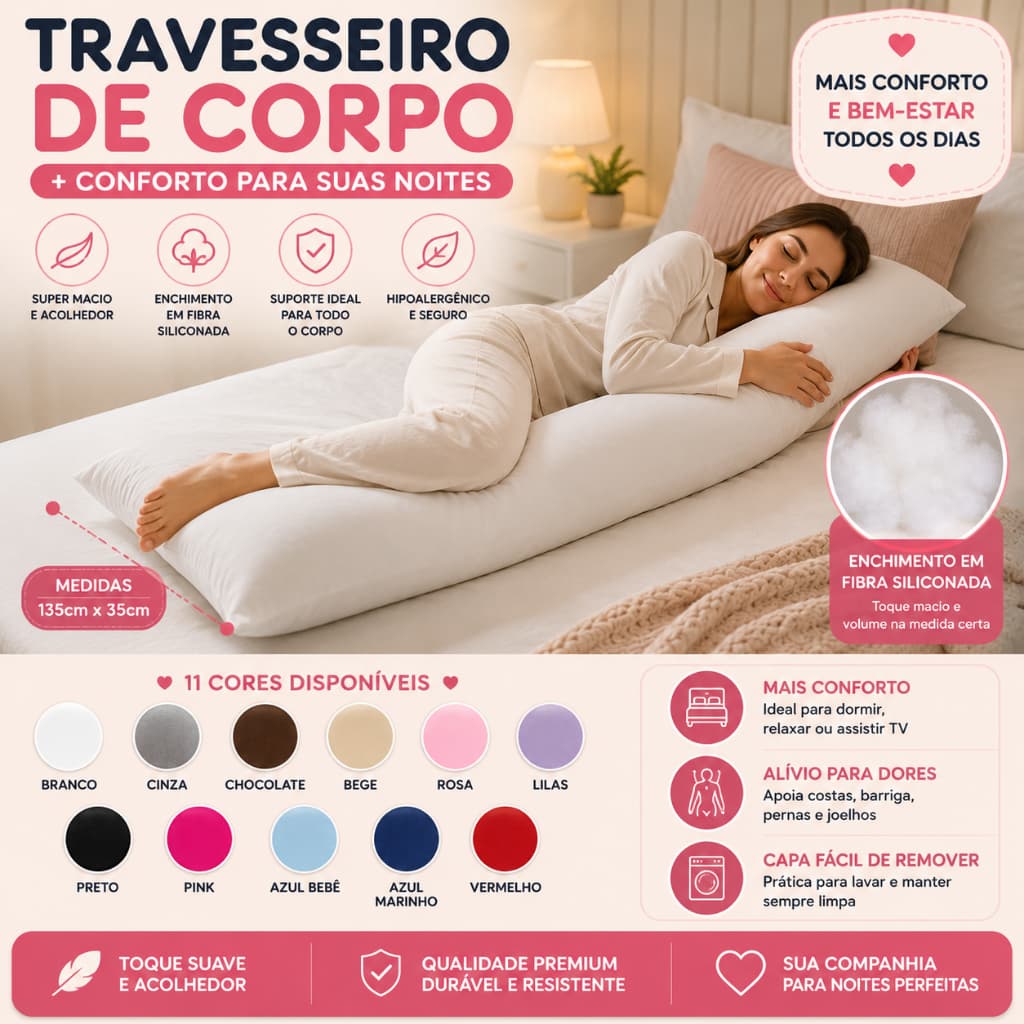 Travesseiro de Corpo Kit Extra Longo Body Pillow Grande Zíper Microfibra 400 Fios 135x35Cm Xuxão