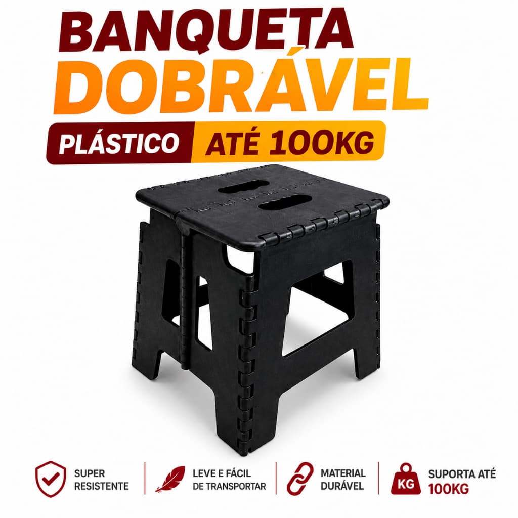 Banqueta Dobrável Portátil 100kg Banco Plástico Reforçado com Alça Assento Compacto Casa Camping Pesca Praia Viagem