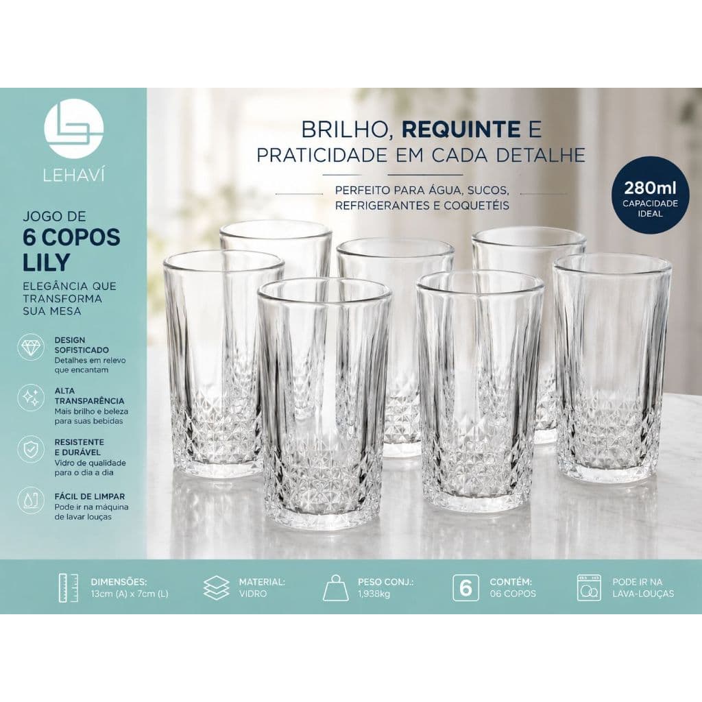 🥤 Jogo 6 Copos Vidro 280ml Copo Lily Transparente Suco Água Drink Mesa Posta Elegante