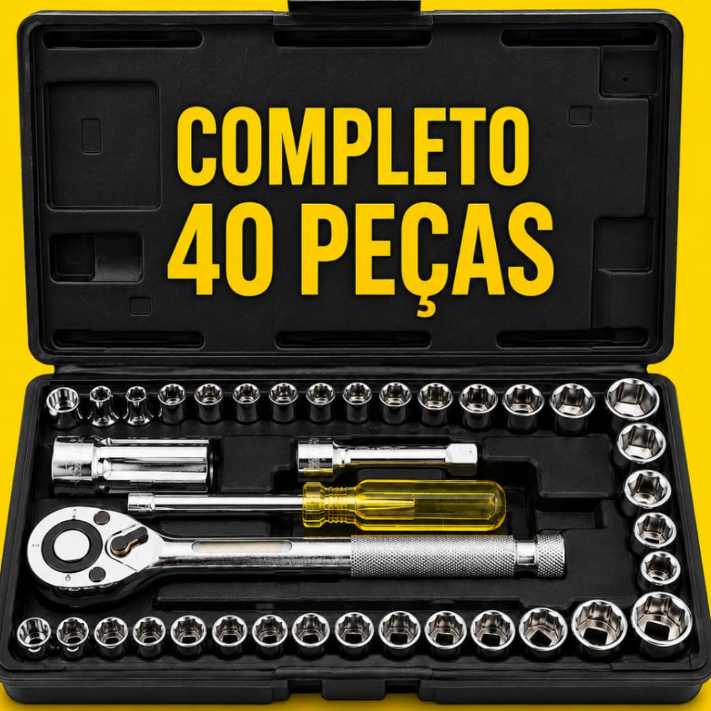 Jogo De Soquetes Profissional 40 Peças Com Catraca Extensões Adaptadores Para Manutenção em  Geral