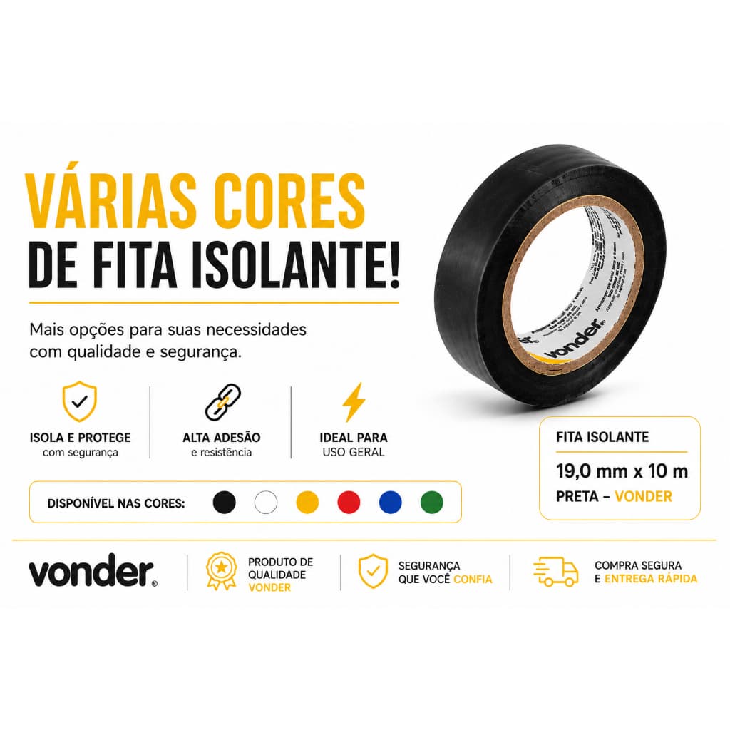 Fita Isolante Vonder Preto Branca Azul Verde Vermelha Amarela 19 mm x 10 m Resistente Fogo Umidade