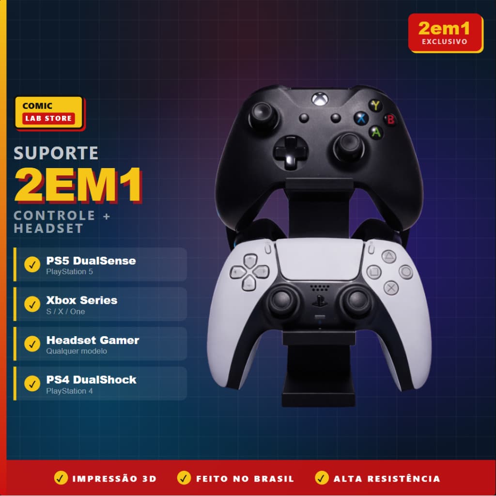 Suporte 2 em 1 Controle + Headset Gamer PS5 DualSense Xbox Series PS4 | Organizador Mesa Impressão 3D