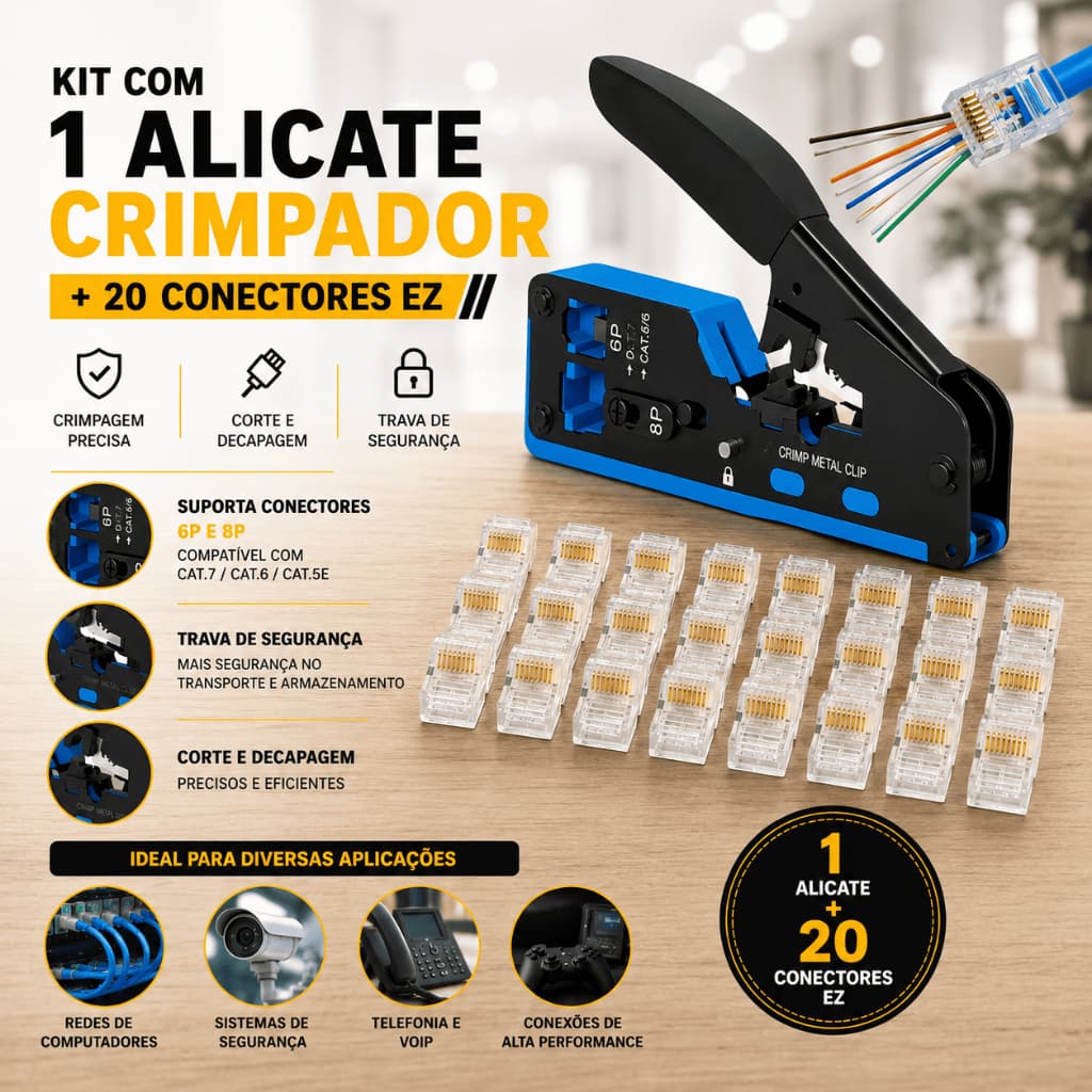 Kit Alicate Crimpar Rj45 Vazado Rj11 Cat5 Cat6 Cat7 + 20 Rj45 Ez Profissional e Robusto