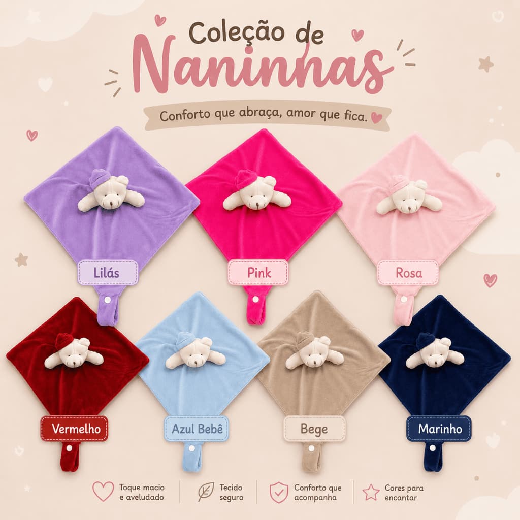 Naninha Bichinhos Bebe em Plush Prendedor Chupeta Urso Principe Princesa Rosa Lilás Azul Marinho