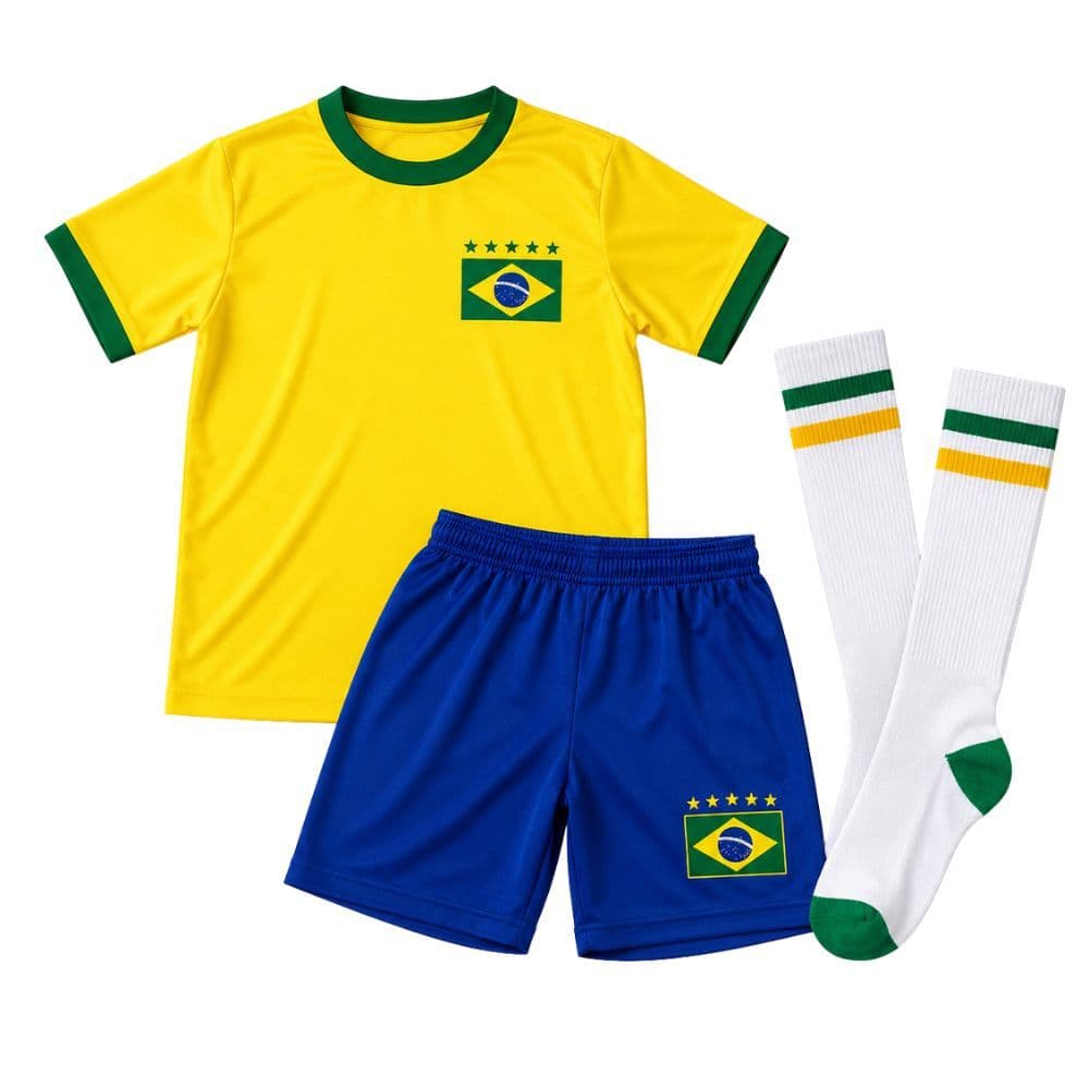 Kit Brasil Infantil Camisa Amarela Calção Torcedor E Meião