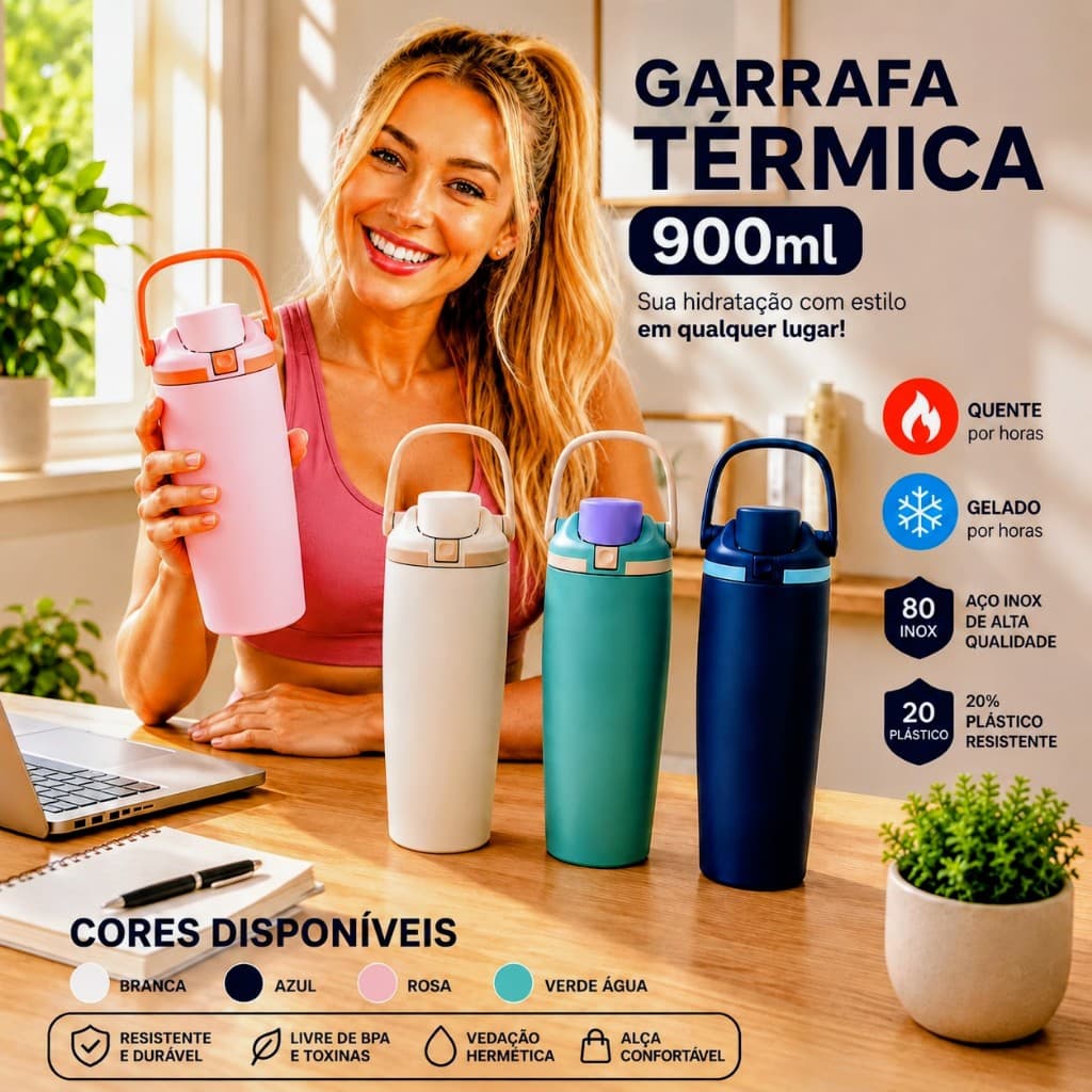 Garrafa térmica portátil de 900ml com alça para bebidas quentes e frias academia cores sortidas