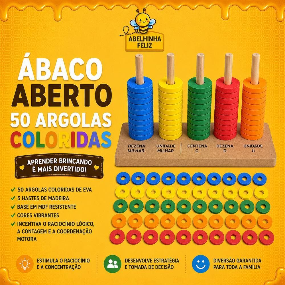 Ábaco Educacional Pedagógico 6mm Com 5 Hastes E 50 Argolas em Eva