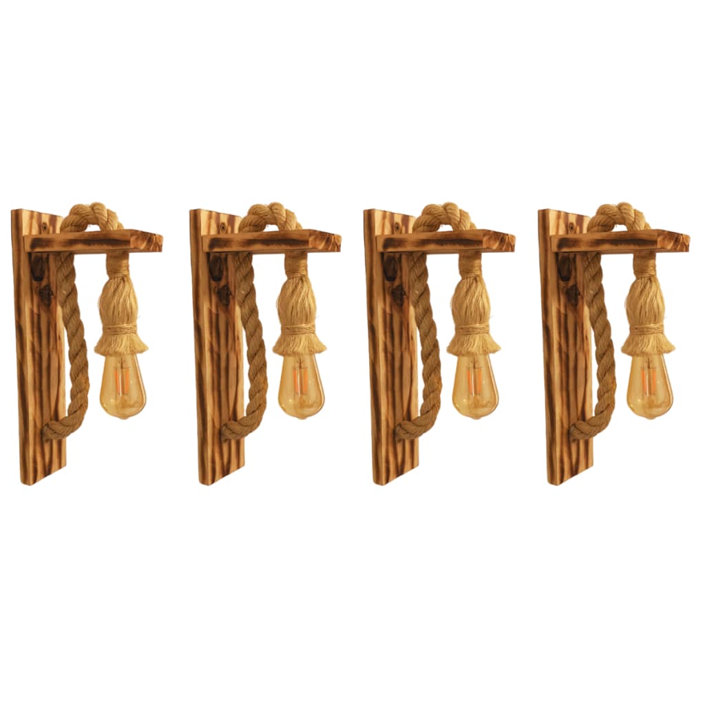 Kit 4 Arandelas de Parede em Madeira e Corda de Sisal Rústica Alta Qualidade