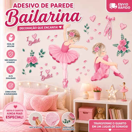 Adesivo De Parede Decorativo Infantil Bailarina Love Ballet Cor Rosa Laço Sapatilha Menina Decoração Parede Quarto Infan