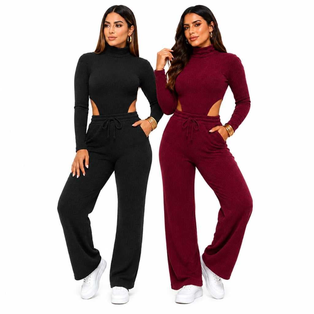 Conjunto Feminino Elegante Canelado Premin Body Cavado + Calça Soltinha