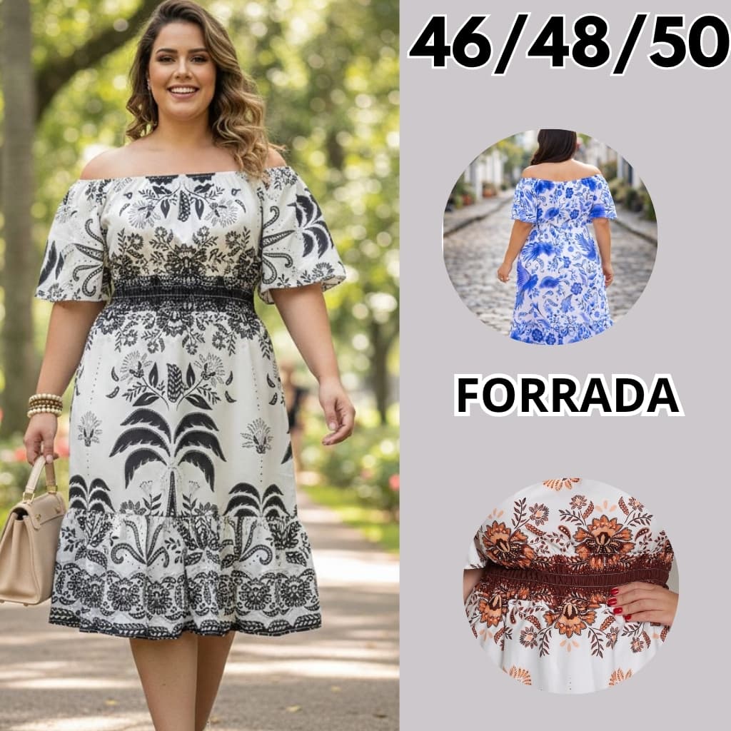 Vestido Midi Feminino Plus Size G1/G2/G3 Tecido Crepinho Moderno Estampado E Com Forro  Verão 2026 Envio Imediato