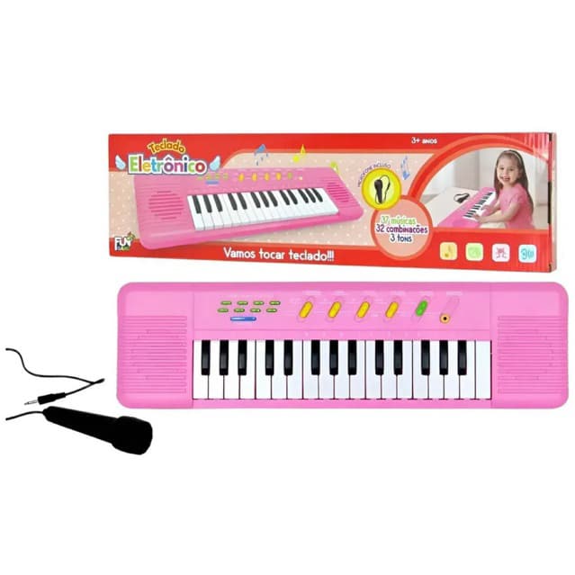 Teclado Piano Infantil Com Microfone Rosa Brinquedo Musical