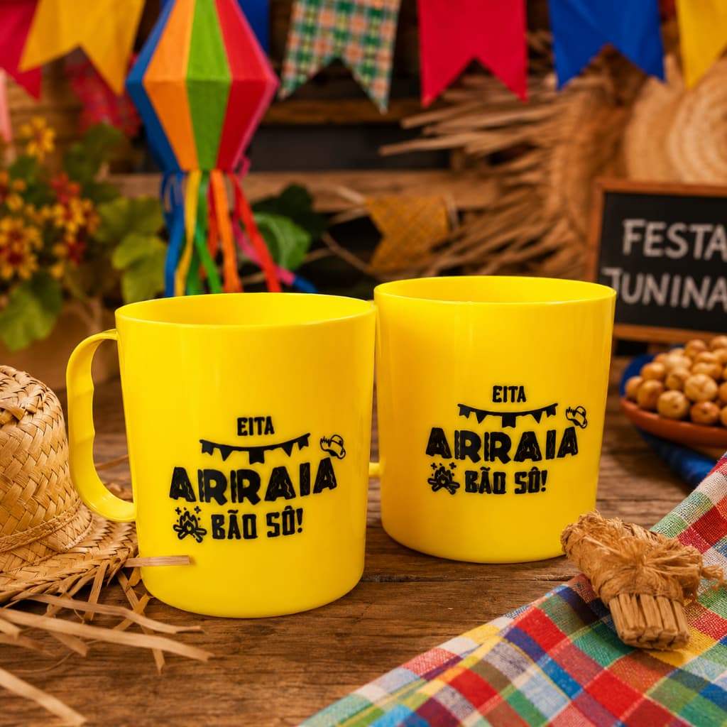Kit 10/25/50 Canecas "Eita Arraiá Bão sô" Amarela 400ml Plástico - Lembrancinha, Festa Junina