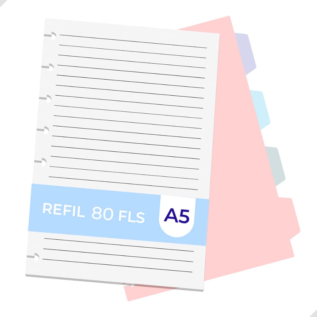 Kit 4 Divisórias Coloridas + Refil 80 Folhas A5 Caderno Inteligente 8 Discos Material Escolar