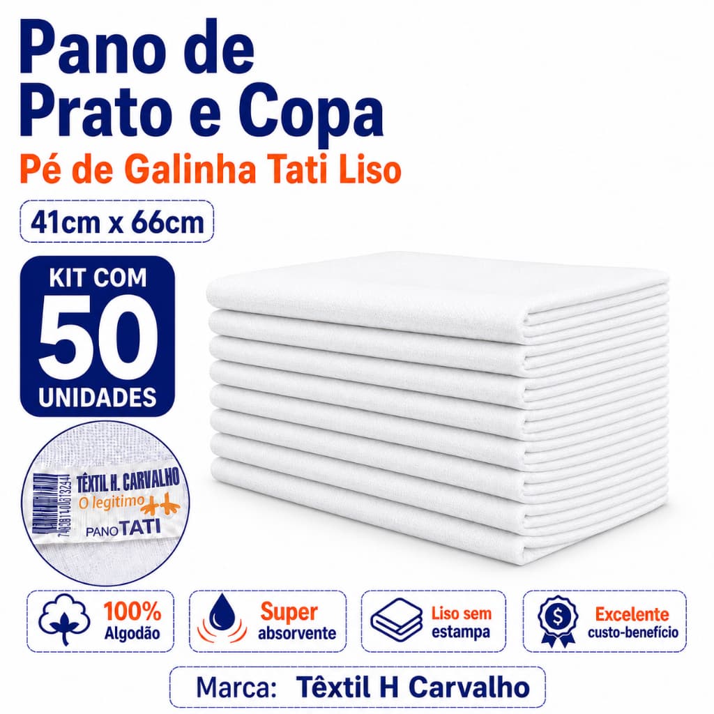 50 Panos de Prato e Copa Pé de Galinha Tati Branco Liso sem Estampa 41cm x 66cm 100% Algodão Atacado