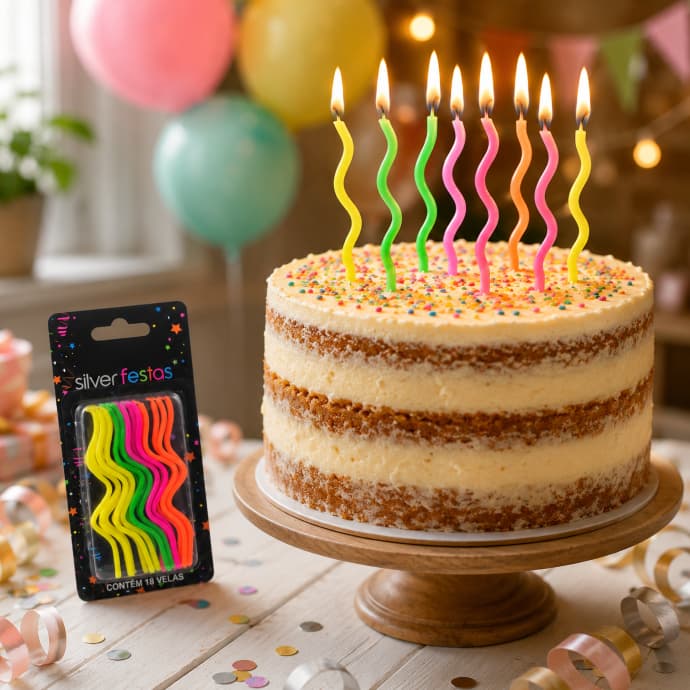 Velas Festa Aniversário Espiral Palito Coloridas Prata Dourada Neon Parabens SilverFestas