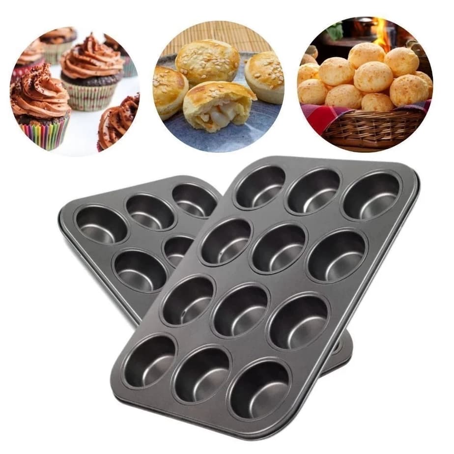 Forma de Cupcake 12 ou 6 Cavidades Antiaderente Teflon Pão de Queijo Empadas Muffins Assadeira Cavidade