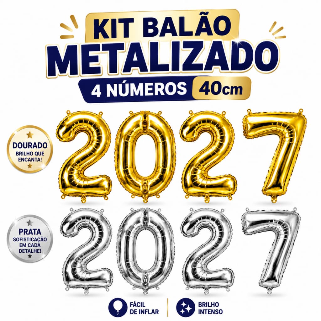 Balão Metalizado Prata Dourado Decoração Reveillon 2027 40cm Feliz Ano novo Happy New Year