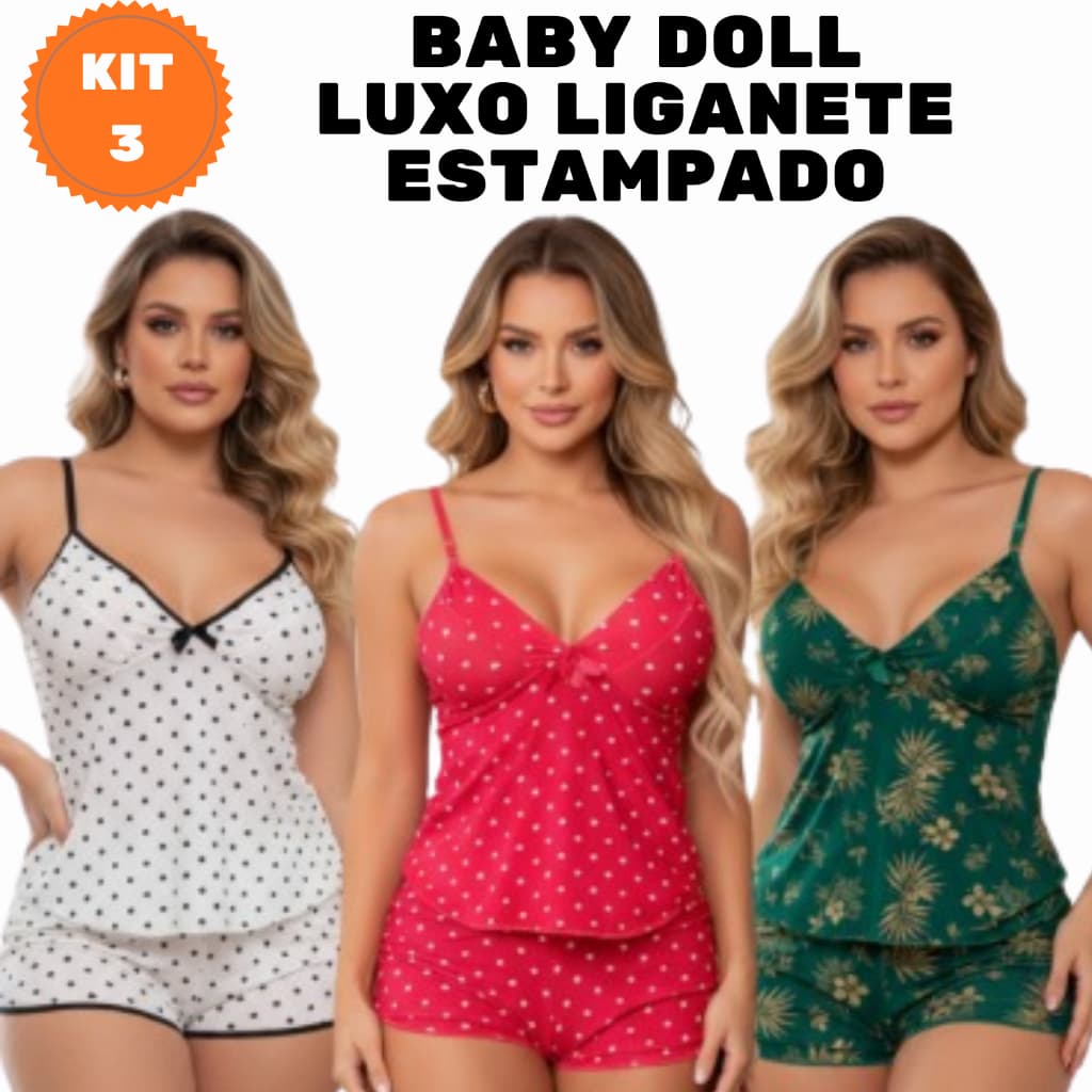 Kit 3 Baby Doll Estampado Feminino Liganete P ao GG Confortável Moda Íntima Cores Variadas