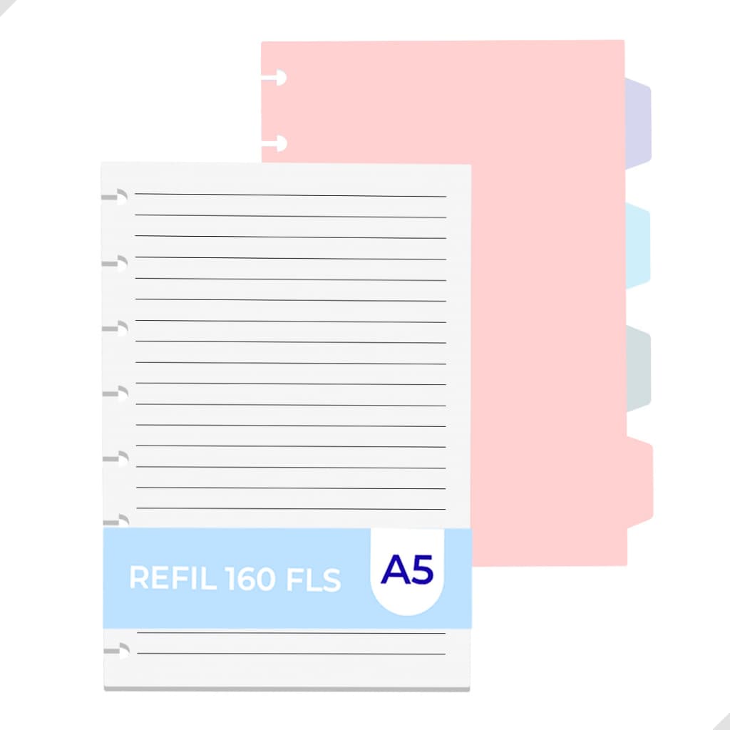 Kit Refil 160 Folhas A5 + 4 Divisórias 8 Discos Coloridas Caderno Inteligente Material Escolar