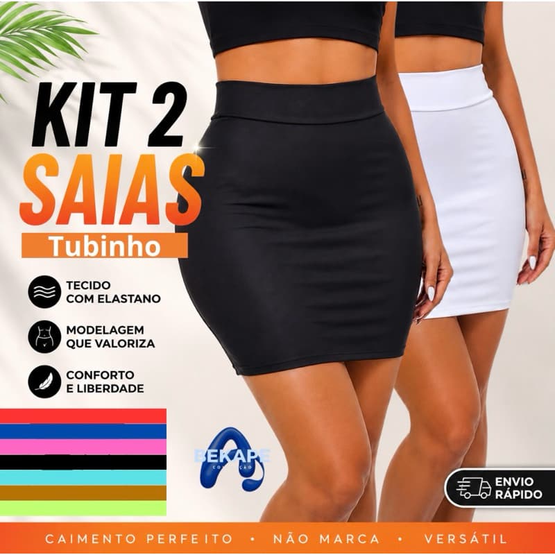 Saia Kit C/ 2 Saias Feminina Tubinho Cintura Alta Suplex Premium Básica Peça Coringa para Looks