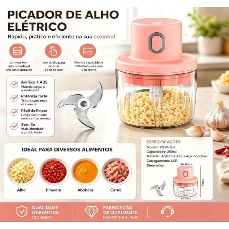 Processador de Alimentos 250ml com Lâminas de Aço Inoxidável para Cortes Precisos