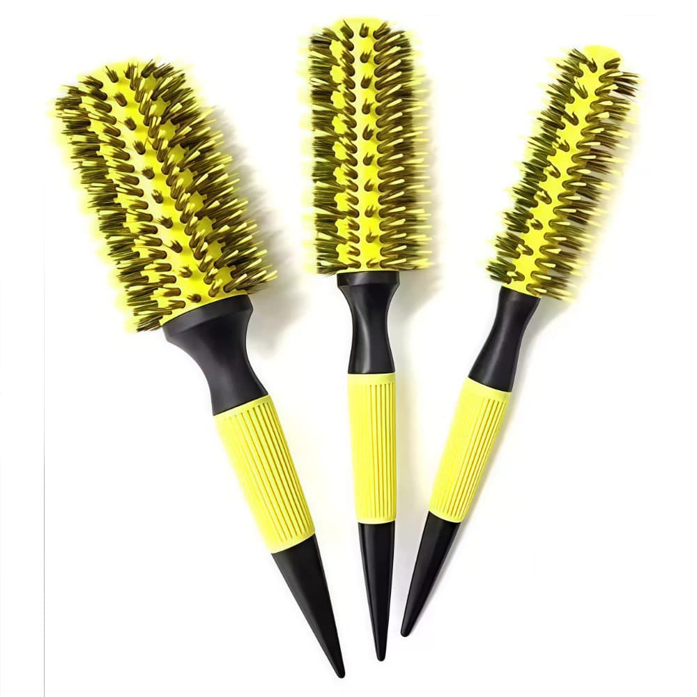 Kit 3 Pçs Escova De Cabelo Térmica Amarela/Rosa Cerdas De Javali Mista Madeira