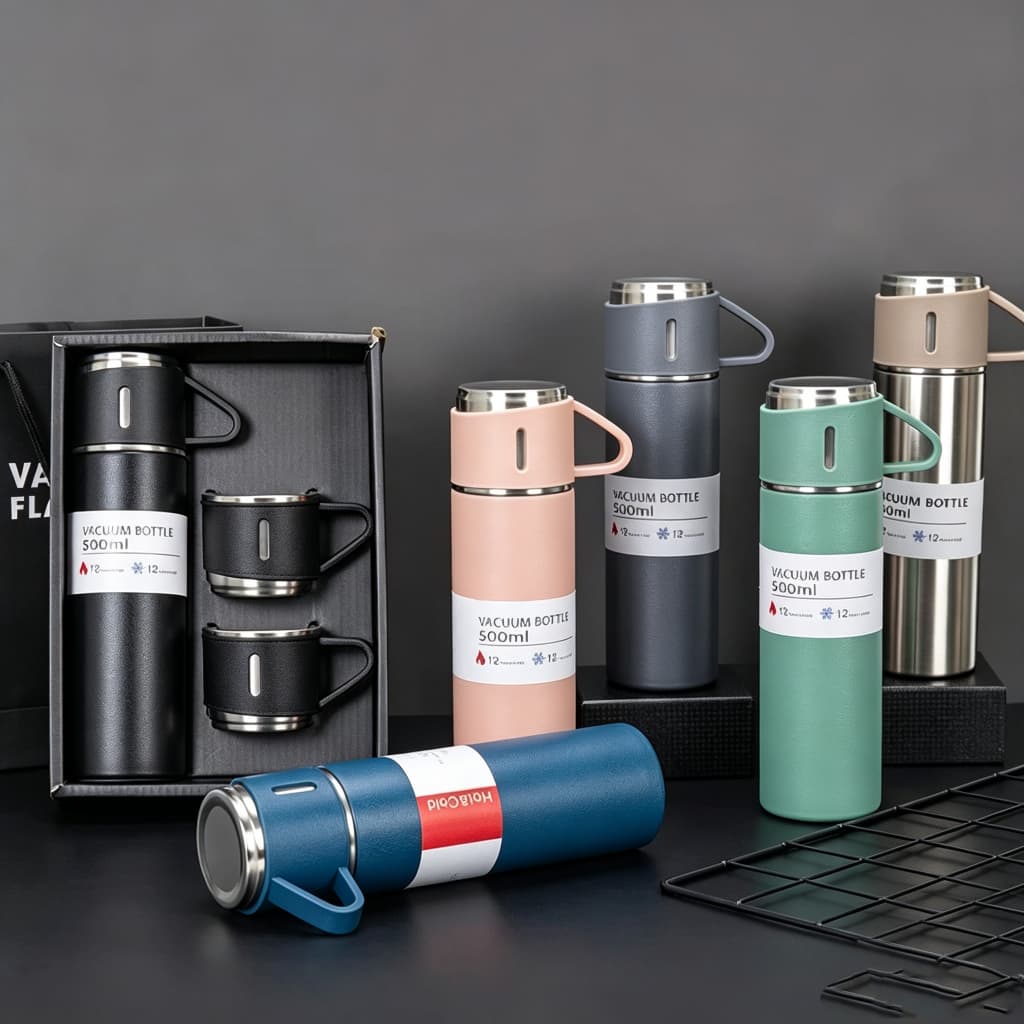 Conjunto de canecas: Garrafa térmica de aço inoxidável de 500ml + 3 copos para bebidas quentes e frias em diversas cores