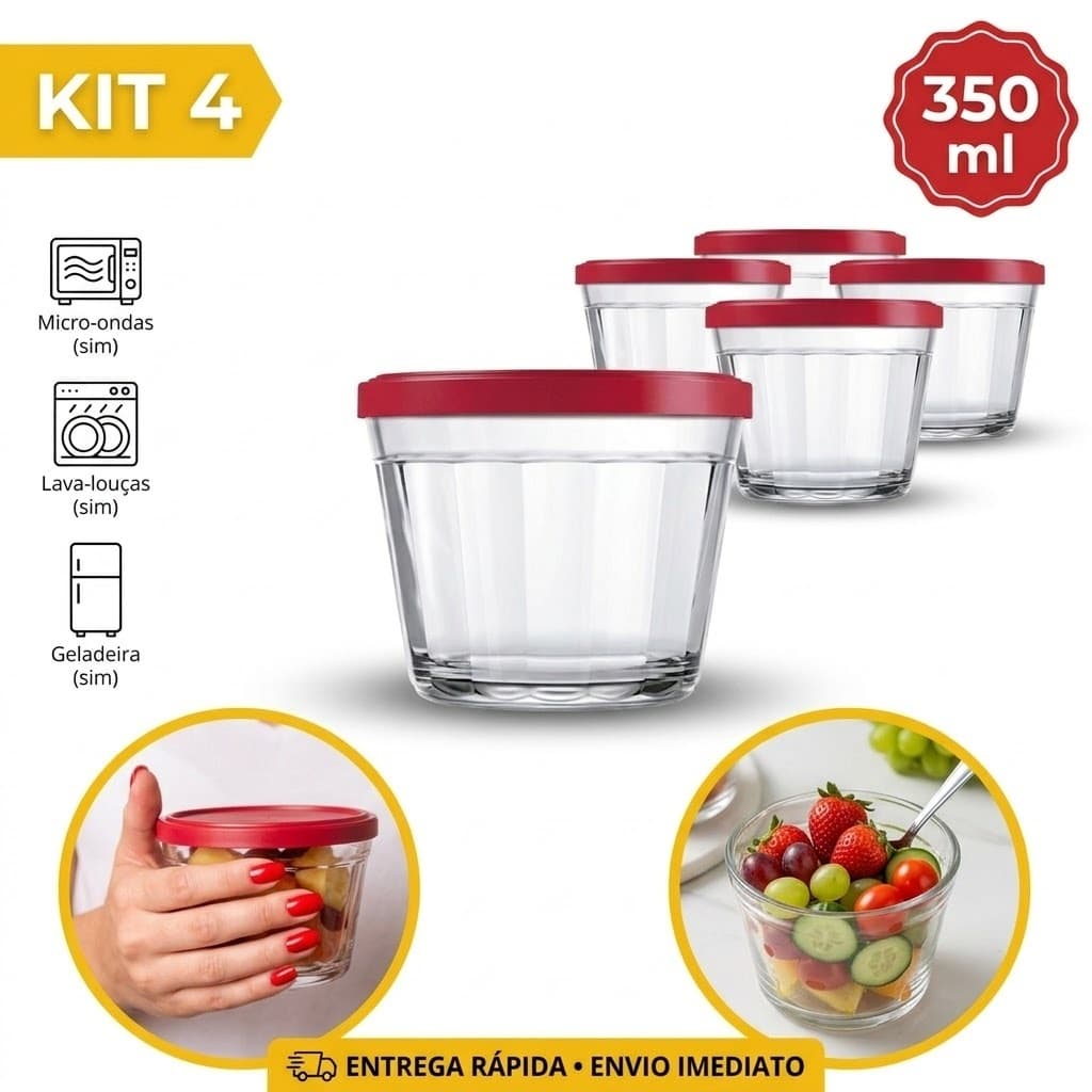 Kit Jogo com 4 Tigela vidro Nadir Transparente  americano 350ml A Pronta Entrega