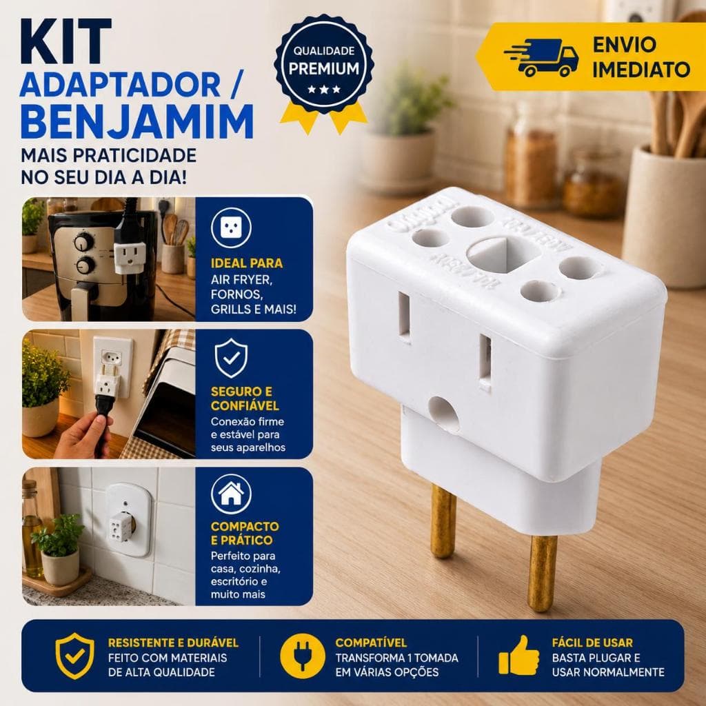 Kit Adaptador Benjamim Tomada Plug 2 Pinos Maciço Bob Resistente 10a 20a