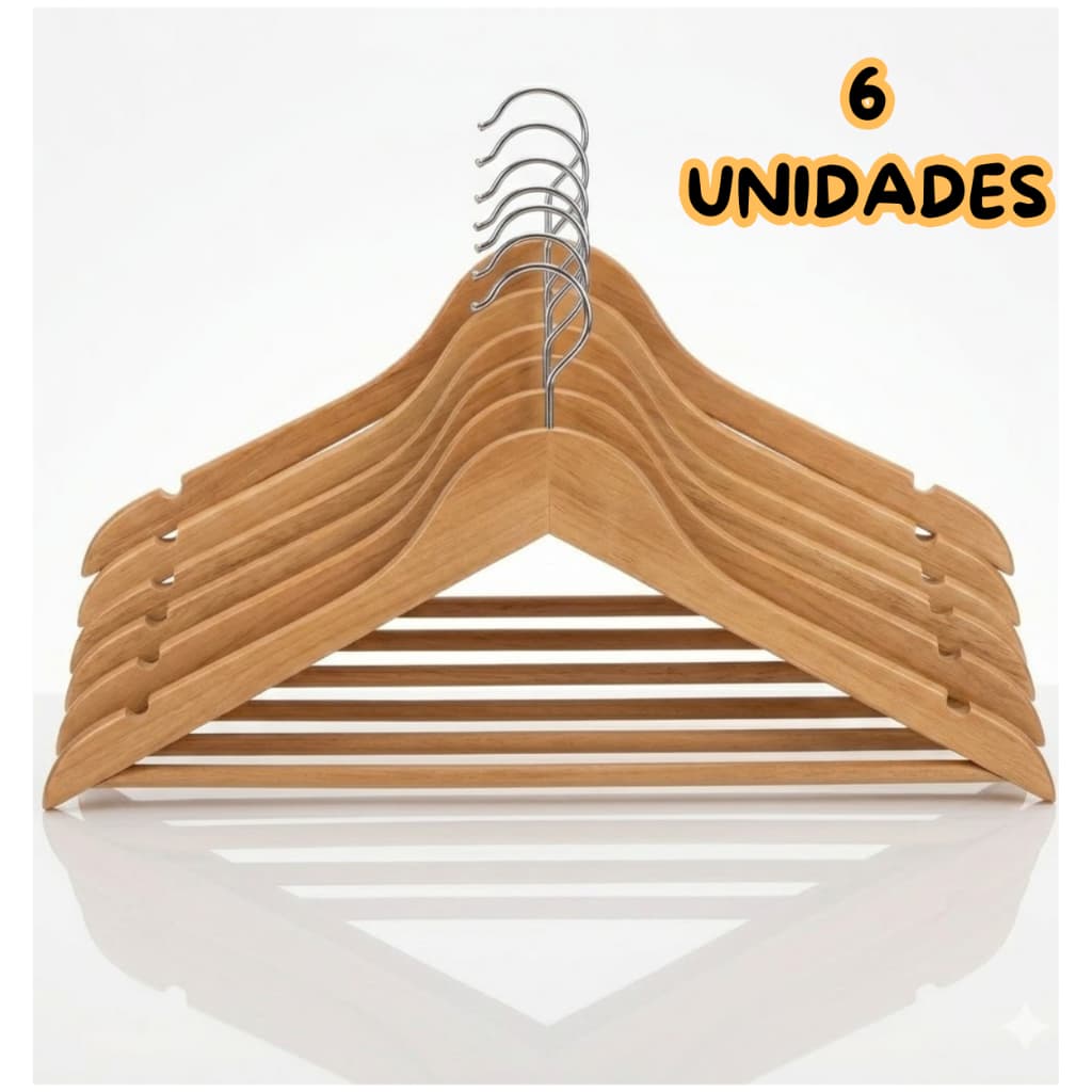 KIT 6 Cabides de Madeira Para Organizar Roupas, Closet com Gancho Cromado,  Calças Camisas Saias