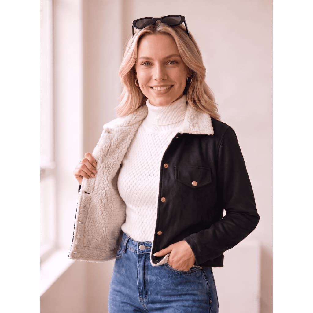 Jaqueta Feminina em Suede Forrada Confortável Pelúcia Elegante Premium Frio Inverno