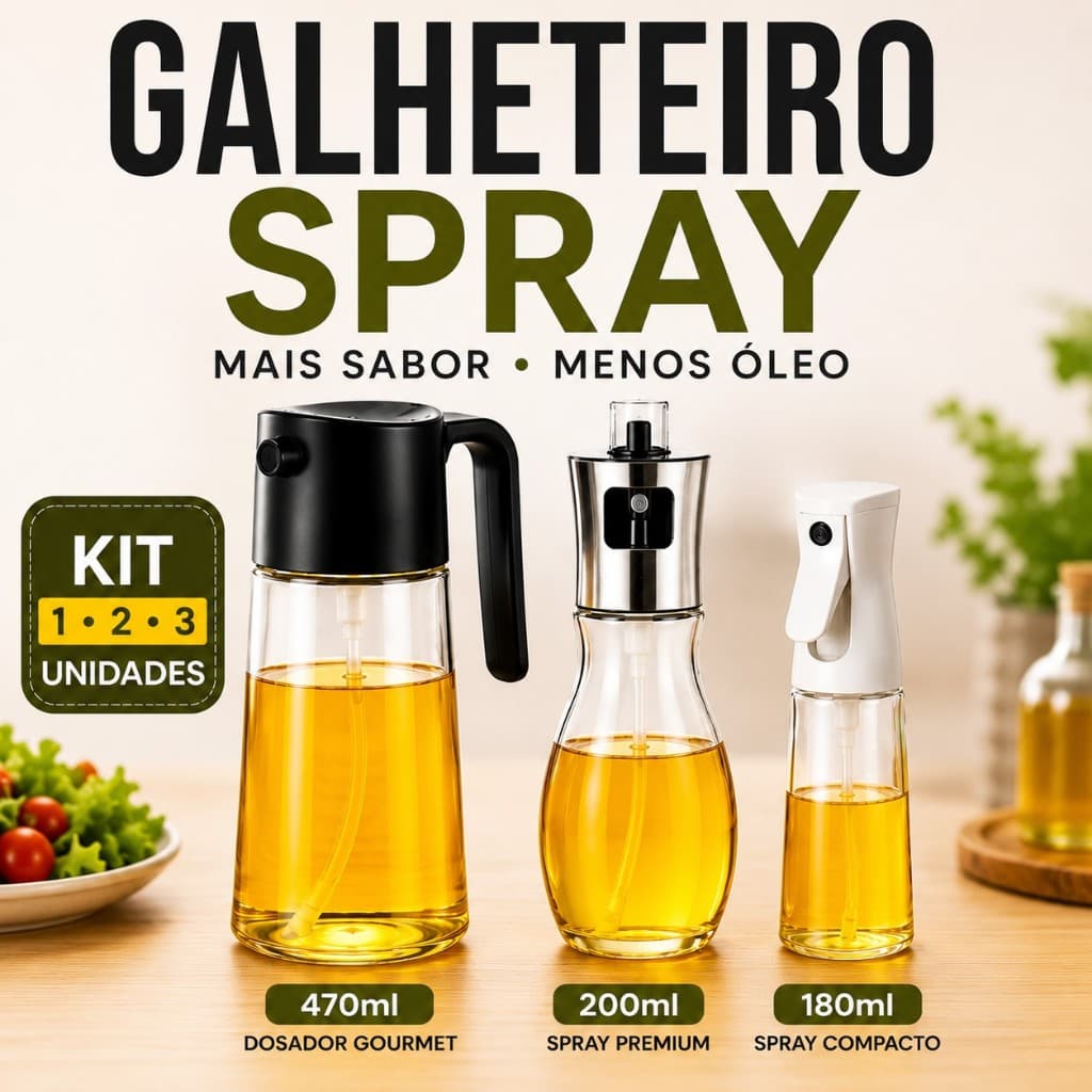 Galheteiro Spray Azeite Borrifador Óleo Vinagre 180ml 200ml 470ml Kit 1 2 3 Unidades