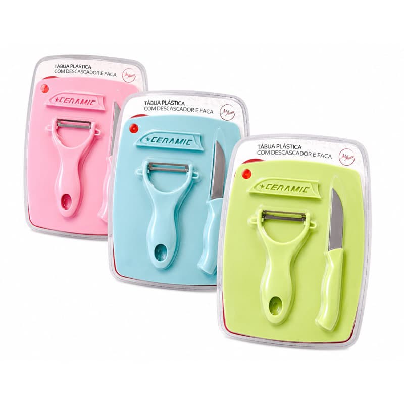 Conjunto Tábua Descascador Afiado e Faca Kit Praticidade Diversas Cores Utensílios de Cozinha