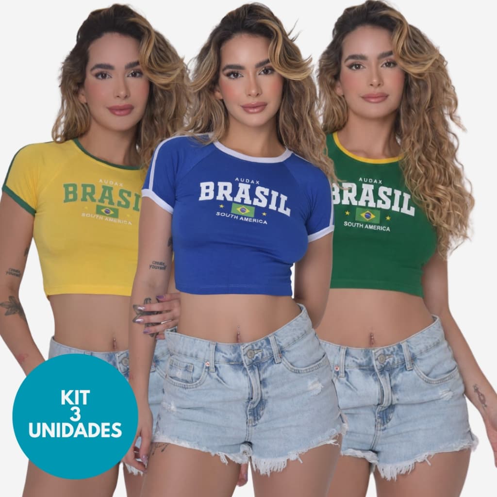 Kit 3 Unidade Camisa do Brasil Cropped Baby Look Blusa Camiseta Copa do Mundo