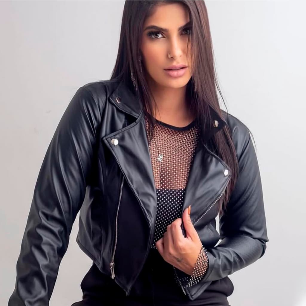 Jaqueta Cropped Feminina Couro Ecológico Motoqueira Zíper Gola Lapela Festa Rodeio Inverno
