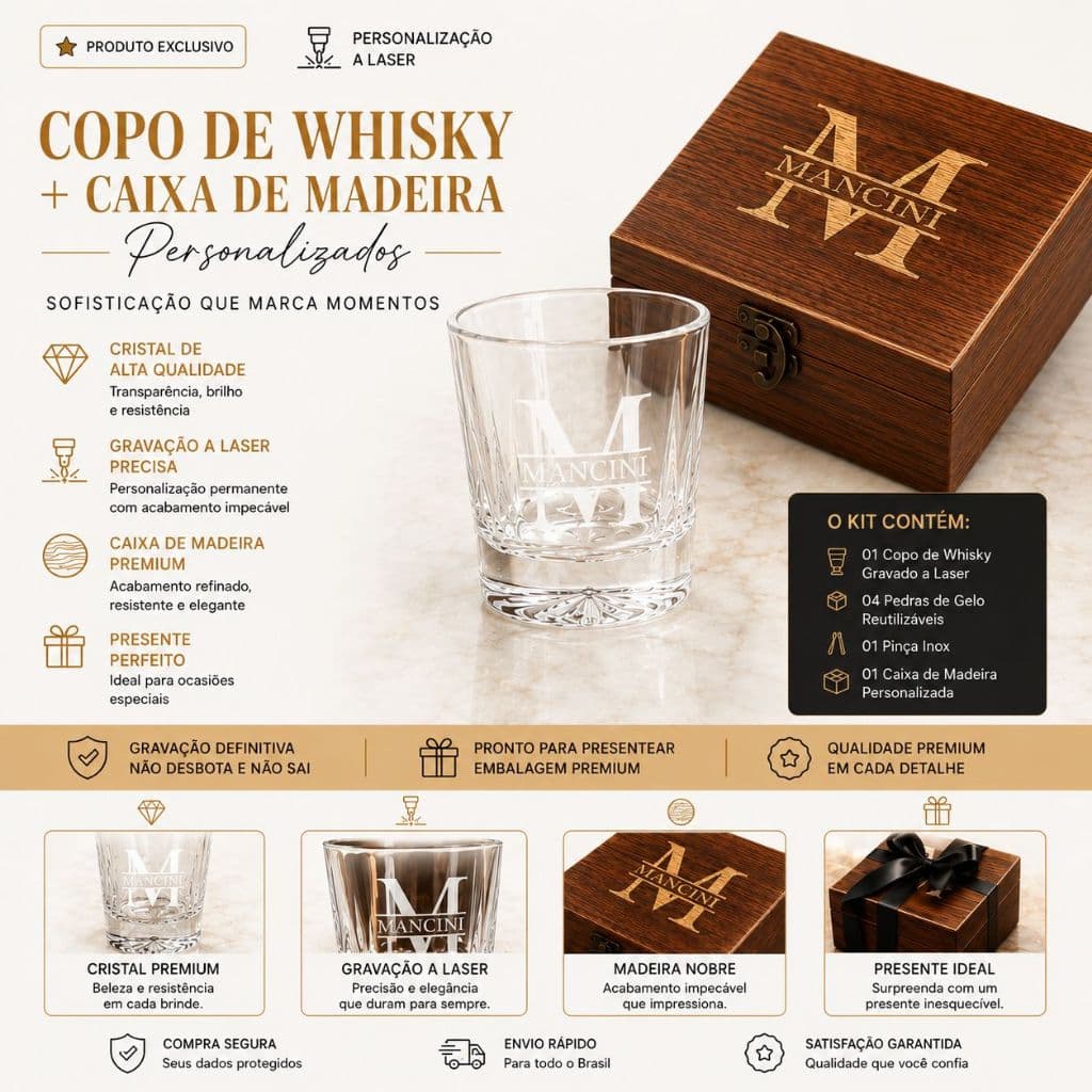 Kit Copo Whisky Caixa Madeira Cru Personalizada Padrinho Casamento com Logo gravação a laser| 200ml