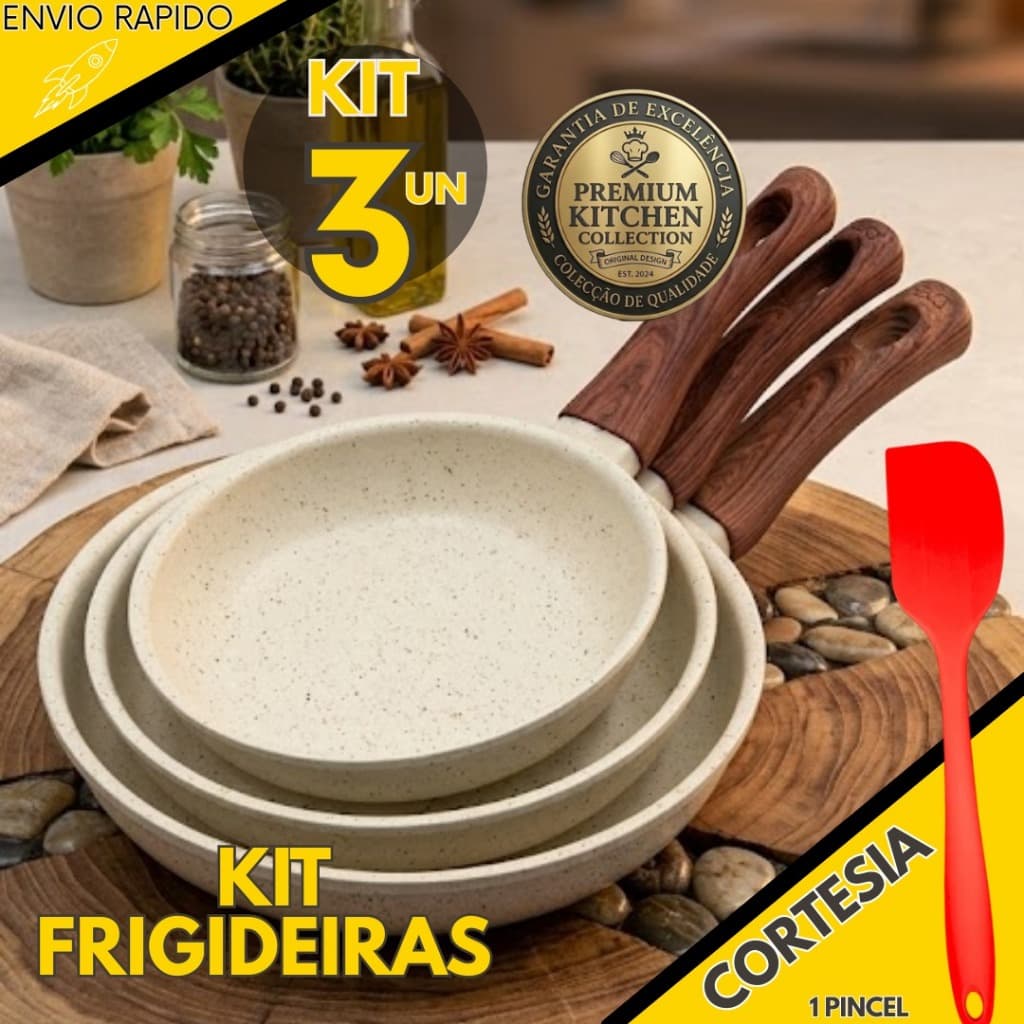 Kit 3 un - Frigideira Antiaderente Revestimento Cerâmica Bege/Vanilla Ou Preta Indução E Gás 16cm 18cm