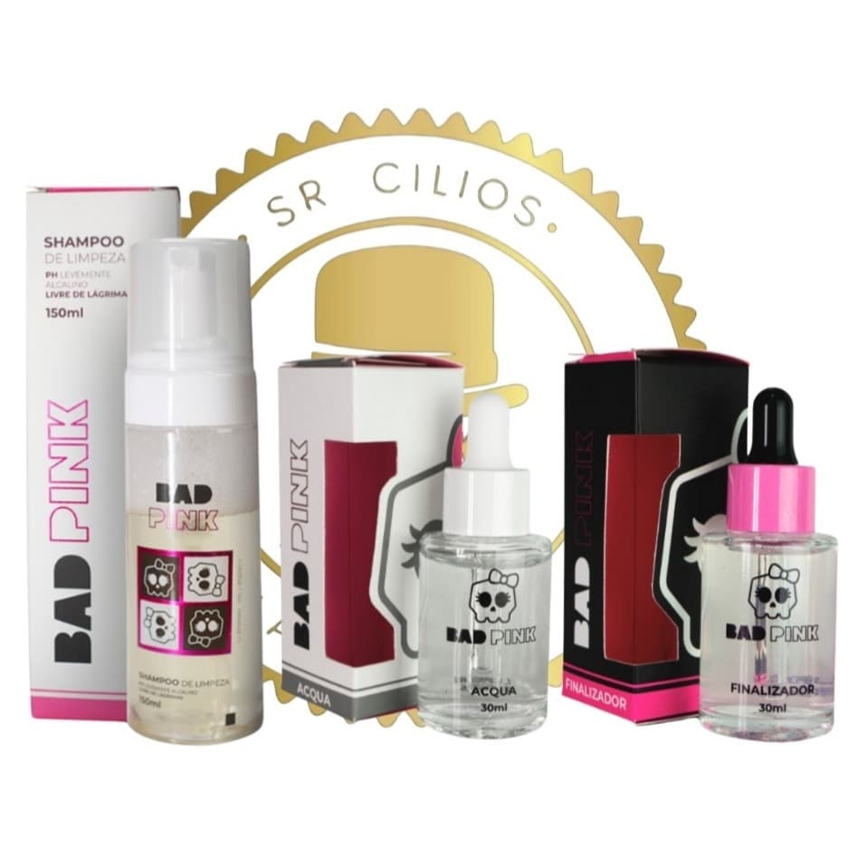 Kit Retenção Cílios Fio a Fio Bad Pink Acqua Primer Finalizador e Shampoo de Limpeza