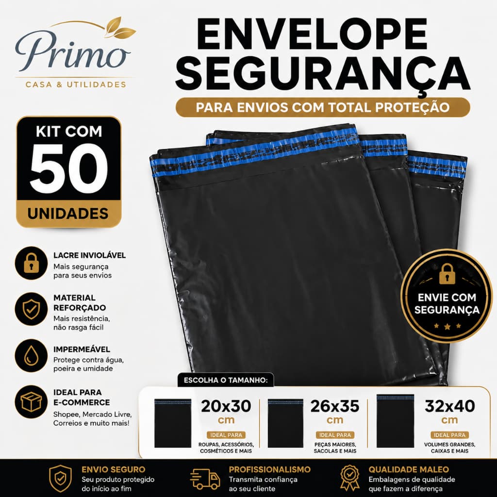 50 Envelopes de Segurança 20x30 26x35 32x40 Preto Reforçado Embalagem Para Envios Ecommerce