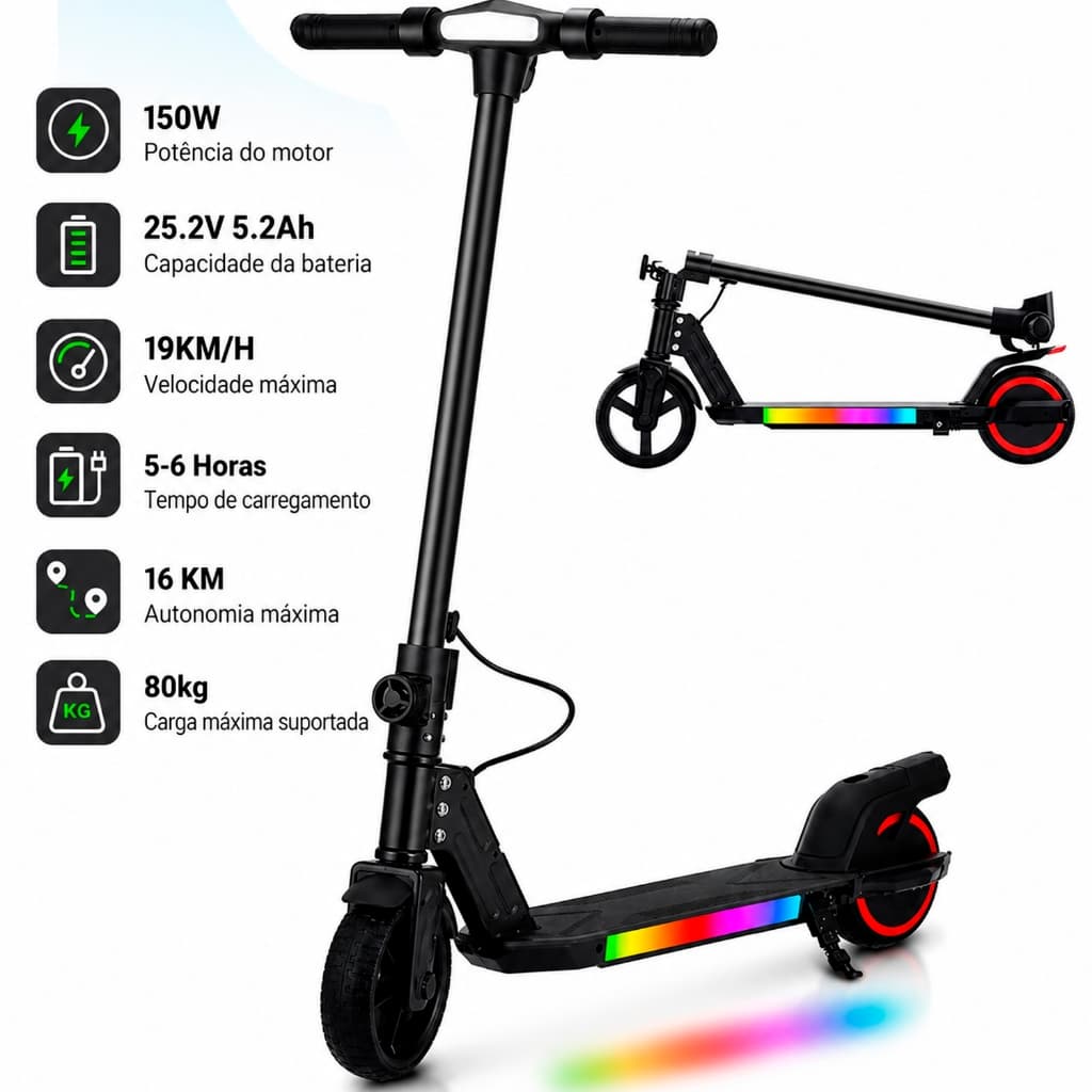 Patinete Elétrico Infantil Juvenil Dobrável Luz LED 150w Velocidade 16Km/h C/Autonomia 4-5 Horas