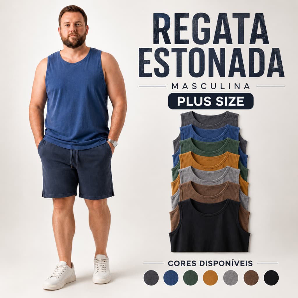 Regata Plus Size Masculina G1-G2-G3 | Lisa | Estonada | 100% Algodão | Stonewear
