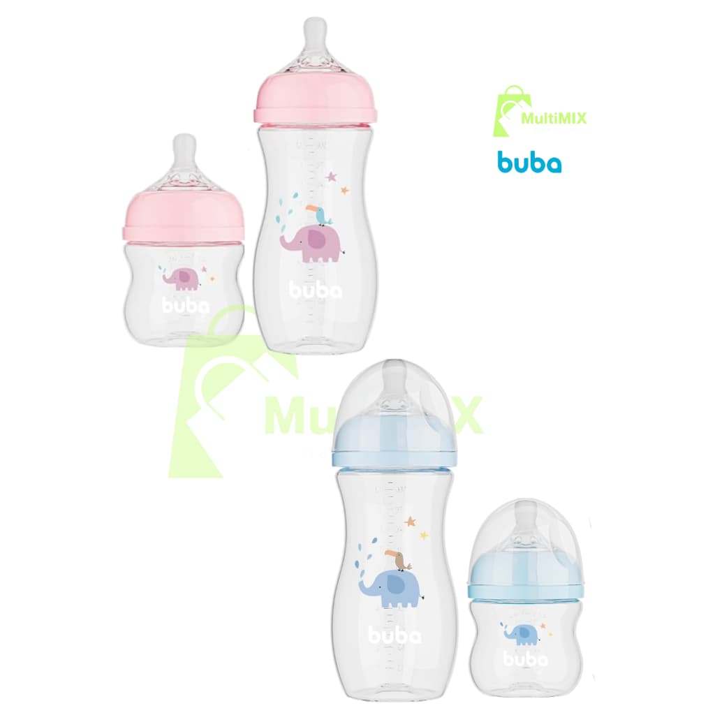 Kit 2 Mamadeira BUBA 120ml+330ml Easy Flow Elefante Anticólica Rosa e Azul Bico 0+ e 4+