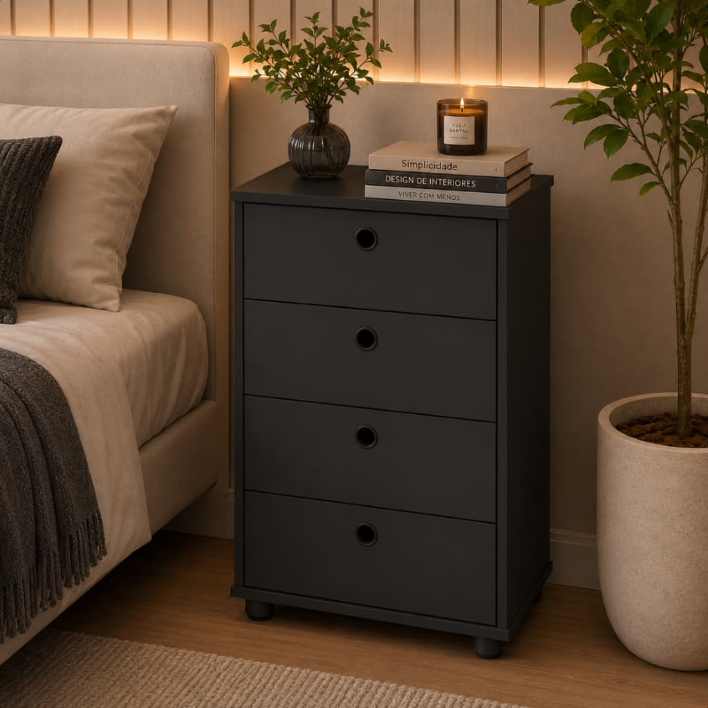 Mesa de Cabeceira Gaveteiro Classic Arquivo Para Quarto e Escritório Multiuso Organizador 4 Gavetas