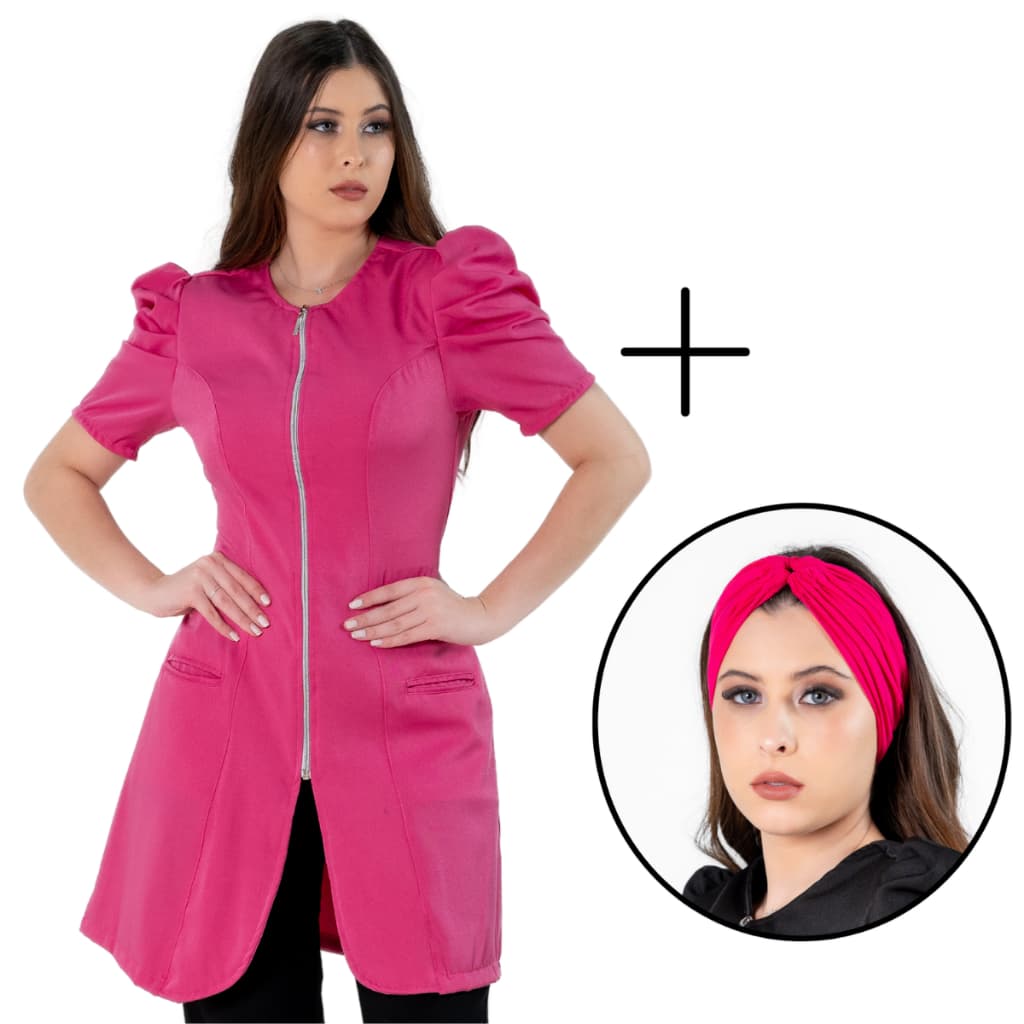 Jaleco Feminino Alfaiataria Manga Bufante Zíper Acinturado Gola Careca Com Faixa Turbante Pink
