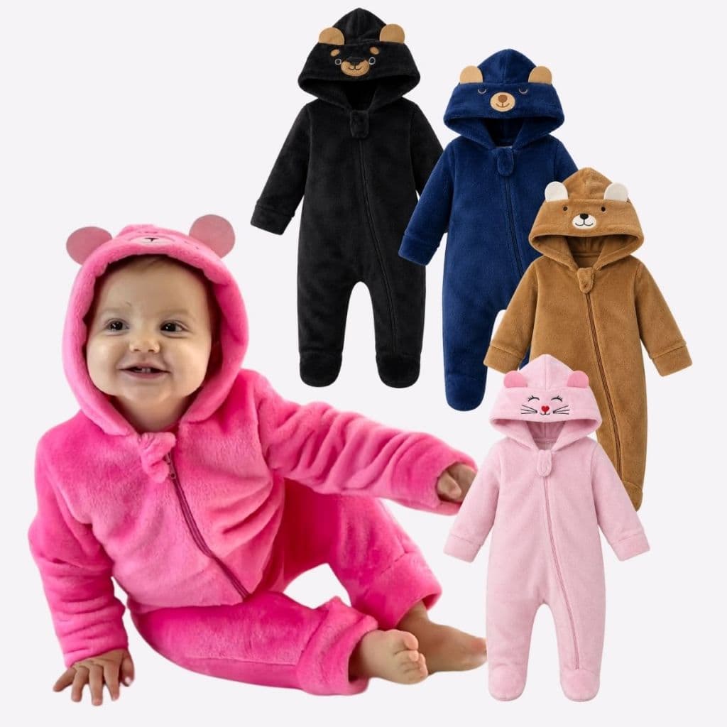 Macacão Bebê Infantil Fofo Pelúcia Ursinho Inverno Quentinho Peluciado com Touca Orelinhas Urso