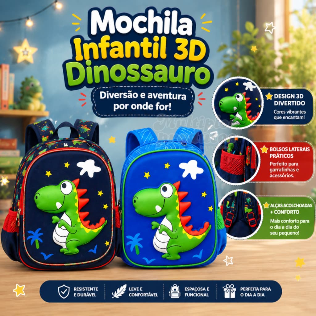Mochila Infantil 3D Dinossauro Astronauta Escola Creche Colegio Passeio Unissex Alça Ajustável Dino