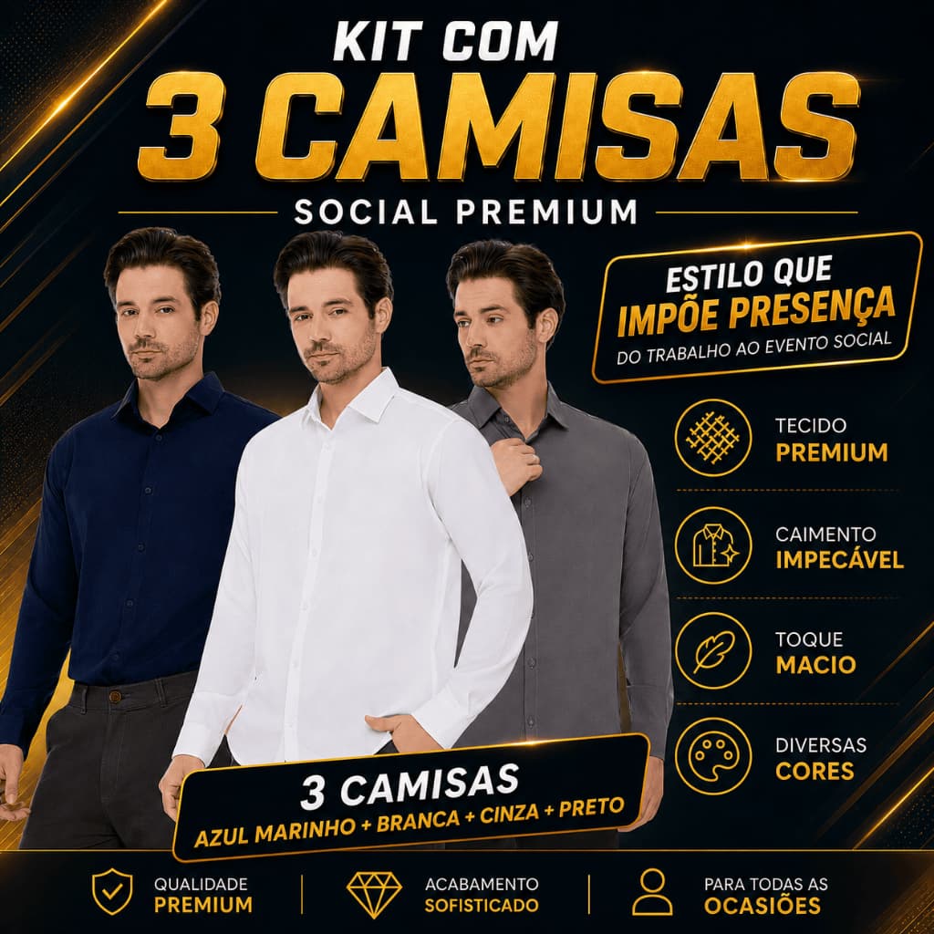 Kit 3 Camisa Social Masculina Manga Longa Slim Fit Elegante Casual Trabalho Premium Passa Fácil